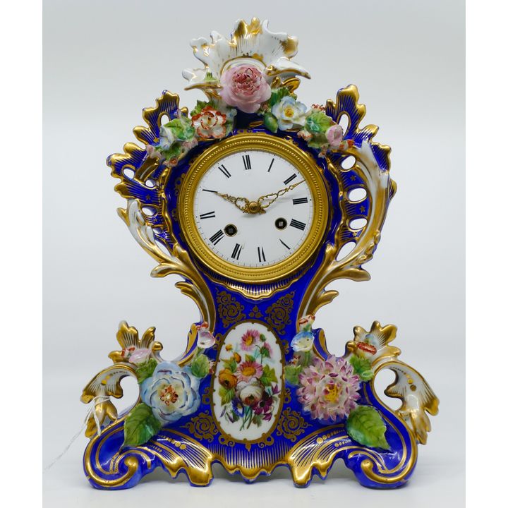 Antique Old Paris Gilt Cobalt Porcelain Shelf Clock 13''