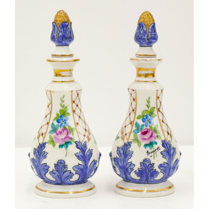 Pair Gilt French Porcelain Perfume Bottles 8''