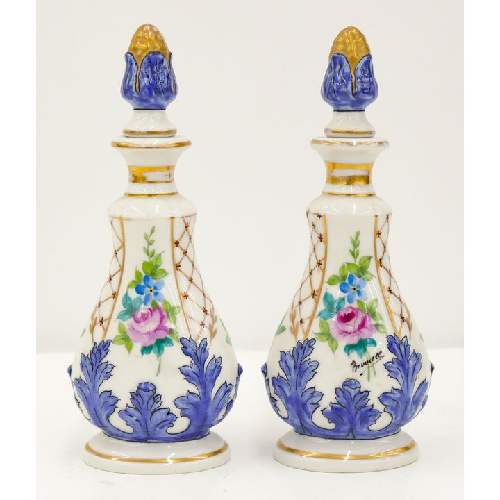 Pair Gilt French Porcelain Perfume Bottles 8''