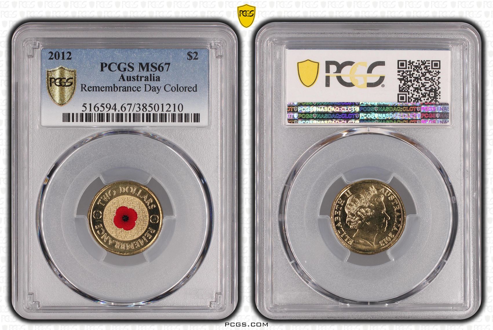 251 · 2012 Australia Two Dollar, $2 Remembrance Day Colored PCGS - MS67 -210