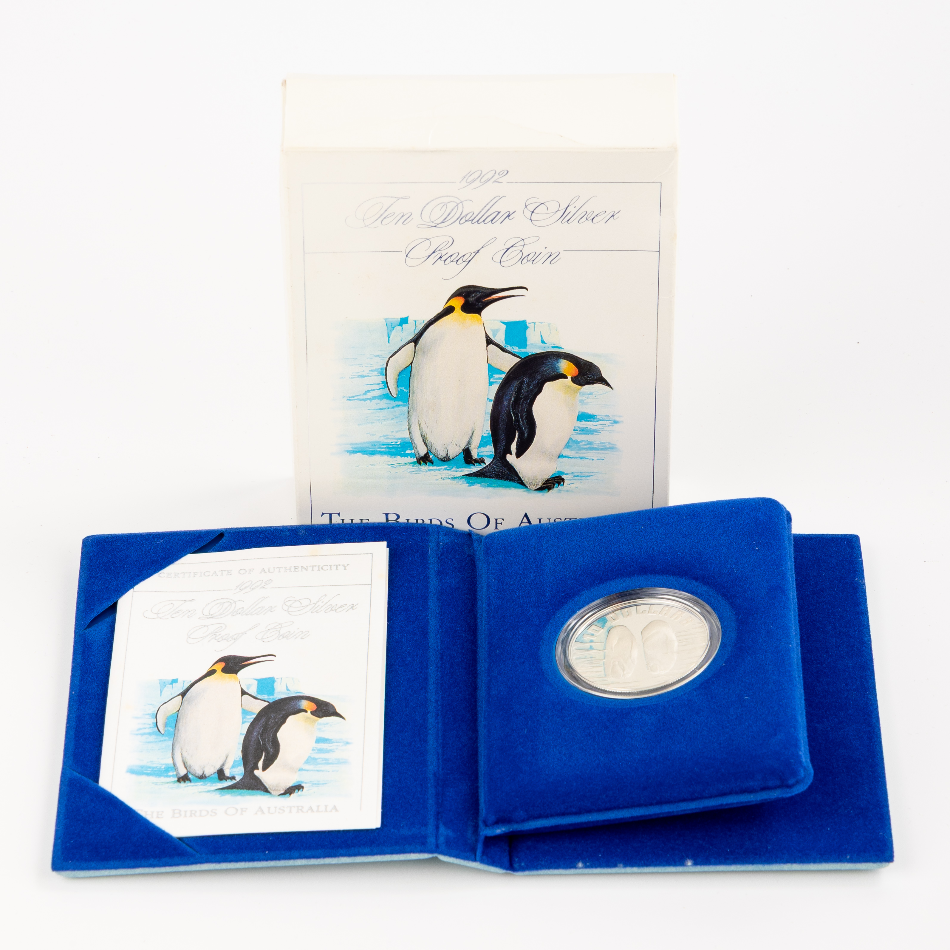 Birds of Australia Silver Proof Coin - Emperor Penguin, Ten Dollars, 1992, UNC
