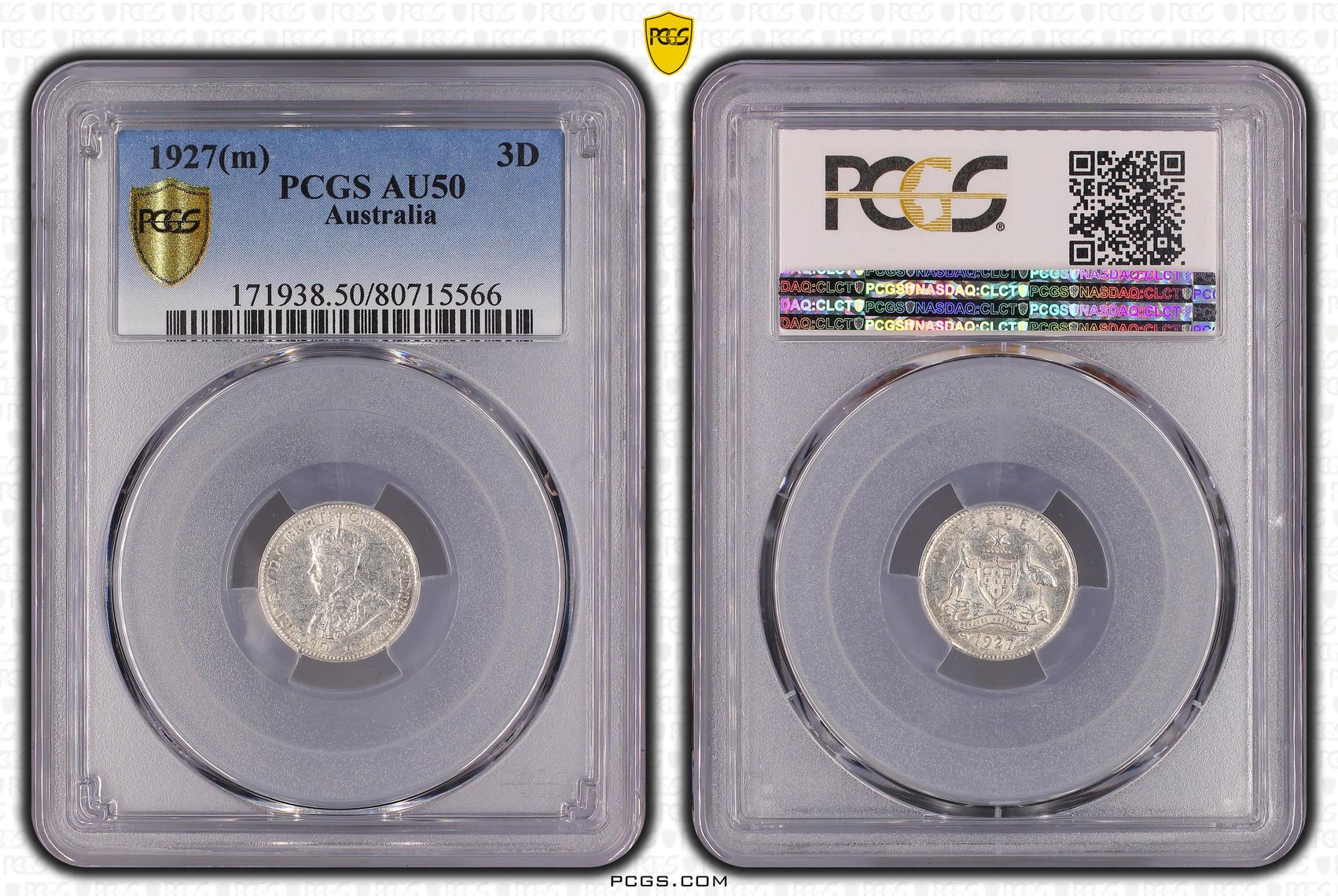 92 · Threepence, 1927(m), PCGS AU50