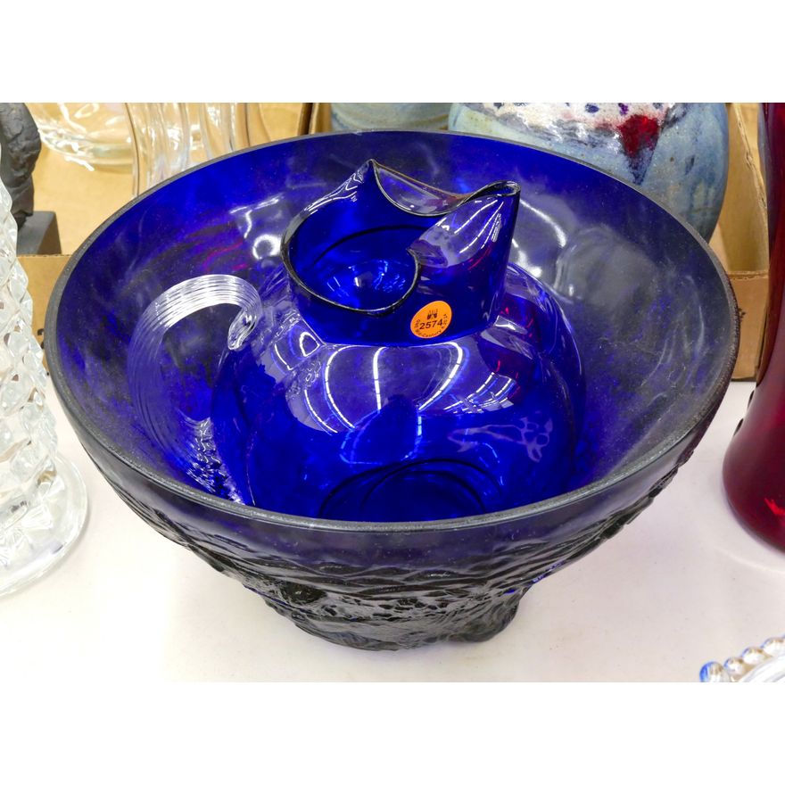 2pc Old Cobalt Glass Bowl and Ball Pitcher 12.5'' Largest