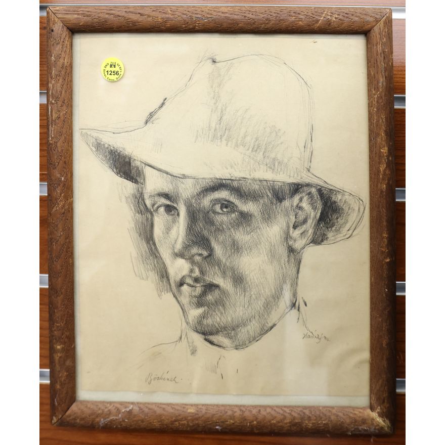 Antique Boskovic Male Portrait Graphite Drawing Framed 13''x11''