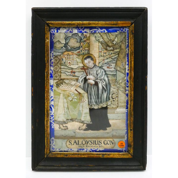 Italian 18th Century Saint Aloysius Gonzaga Painted & Collaged Fabric Panel. Framed- 17x12''