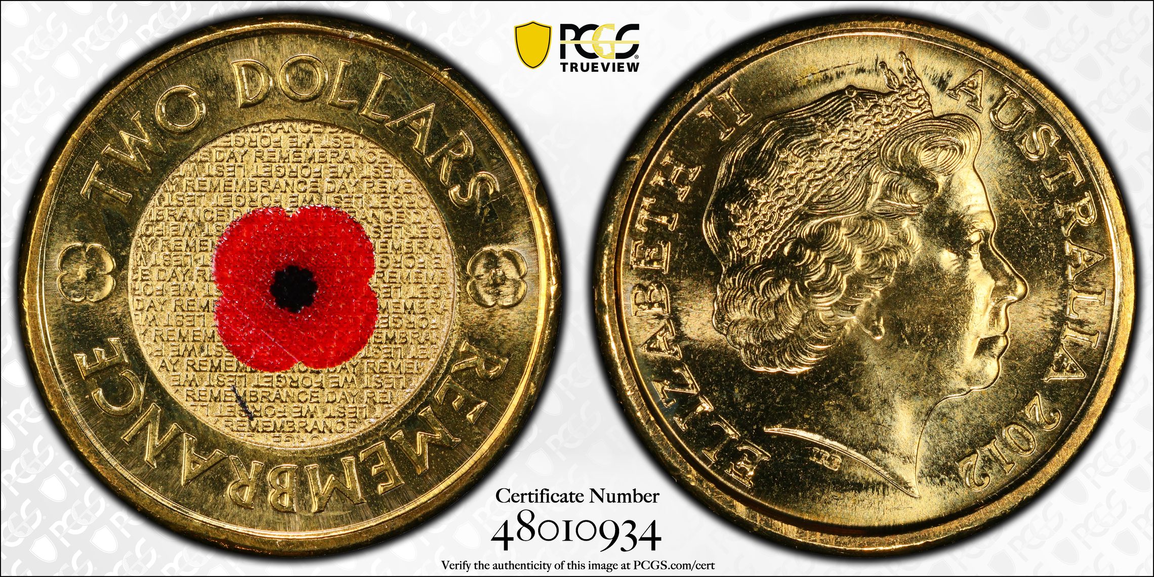 Remembrance Day Red Poppy, Two Dollar, 2012, PCGS MS66