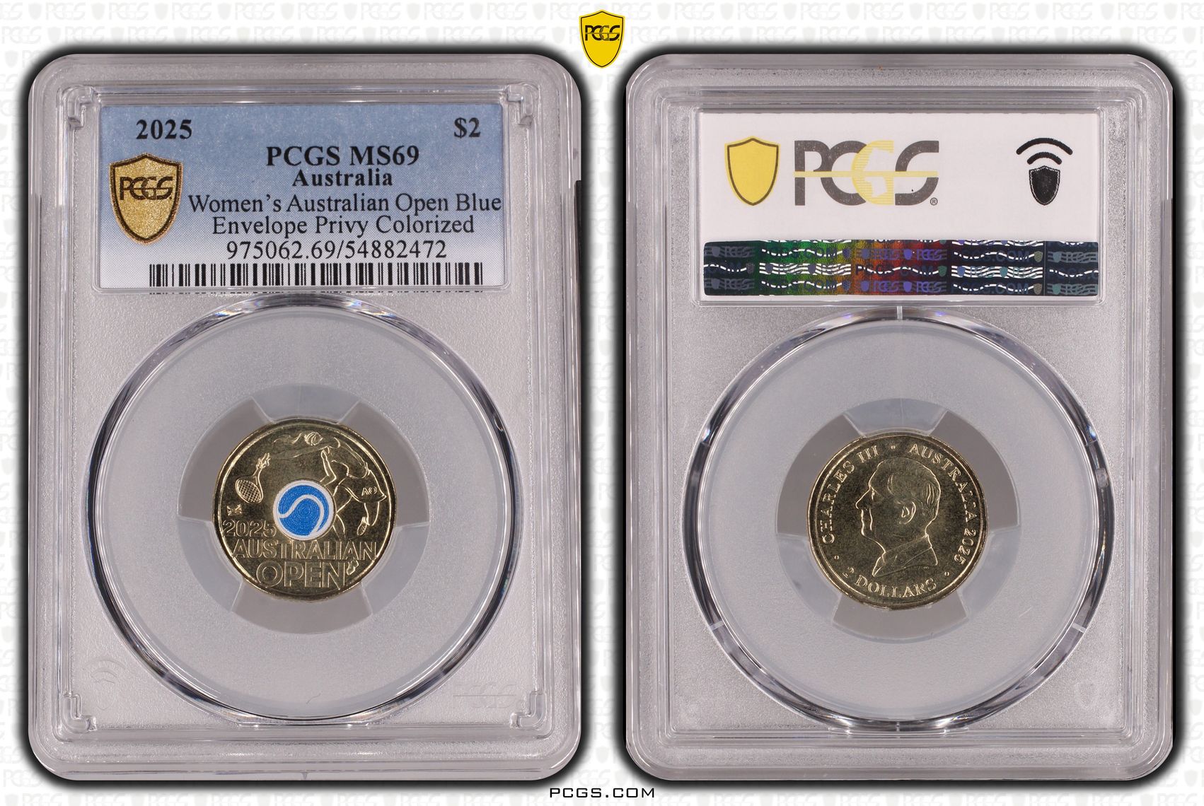 Women's Australian Open Blue Envelope Privy Colorized, Two Dollar, 2025, PCGS MS69