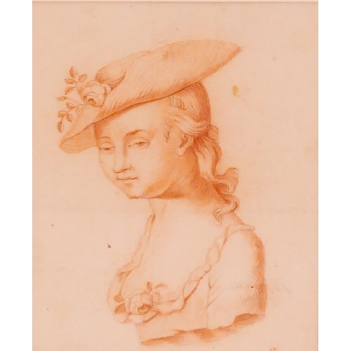 European 18th Century Female Portrait Conte Crayon Drawing Framed- 20x18''