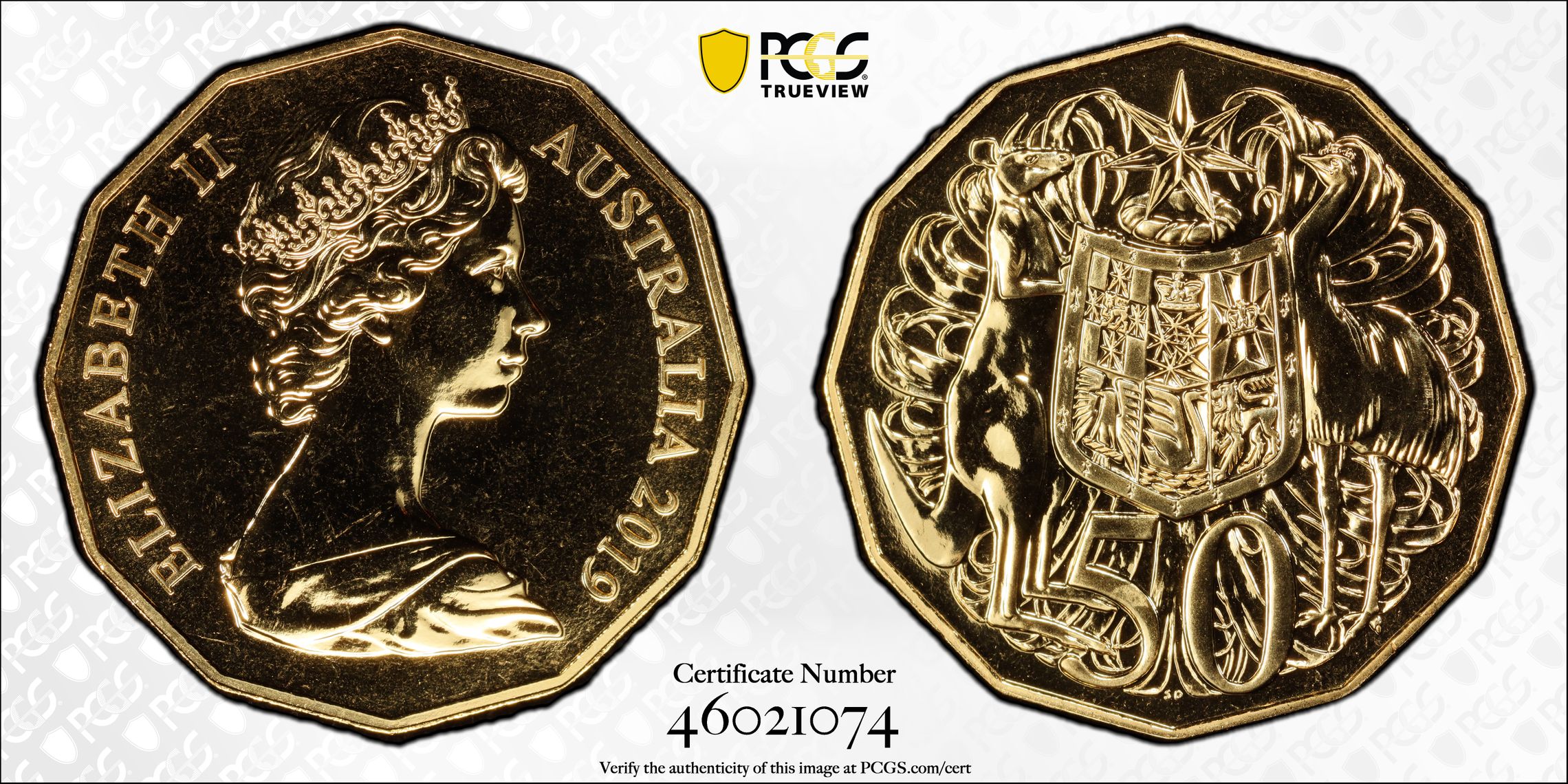 400 · Dodecagon 50C 50th Ann. A. Machin Effigy Gilt, Fifty Cent, 2019, PCGS MS69