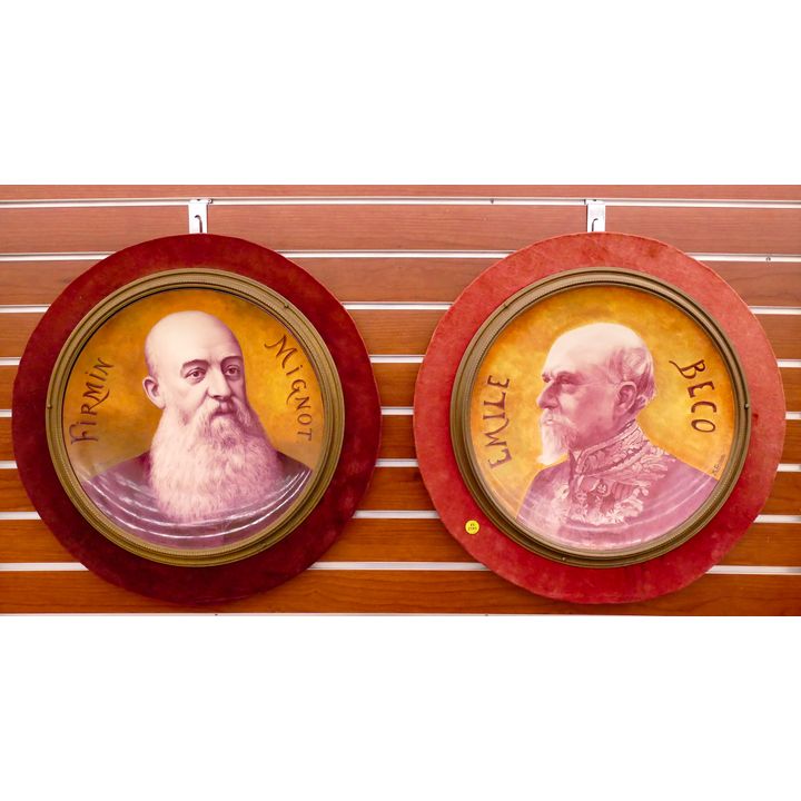 Pair Antique Sarreguemimes French Portrait Painted Chargers Framed- 21''-