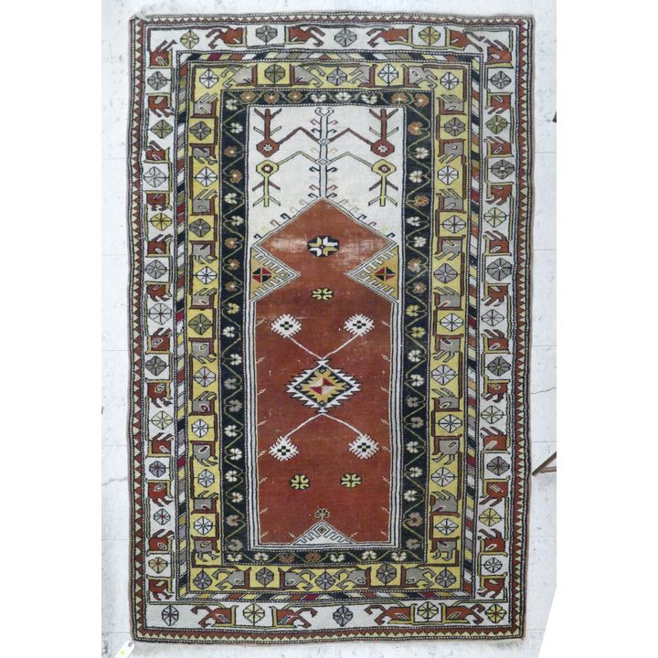 Semi-Antique Persian Oriental Prayer Rug- 4x6'6'' with scattered damage