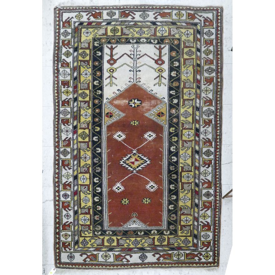 Semi-Antique Persian Oriental Prayer Rug- 4x6'6'' with scattered damage