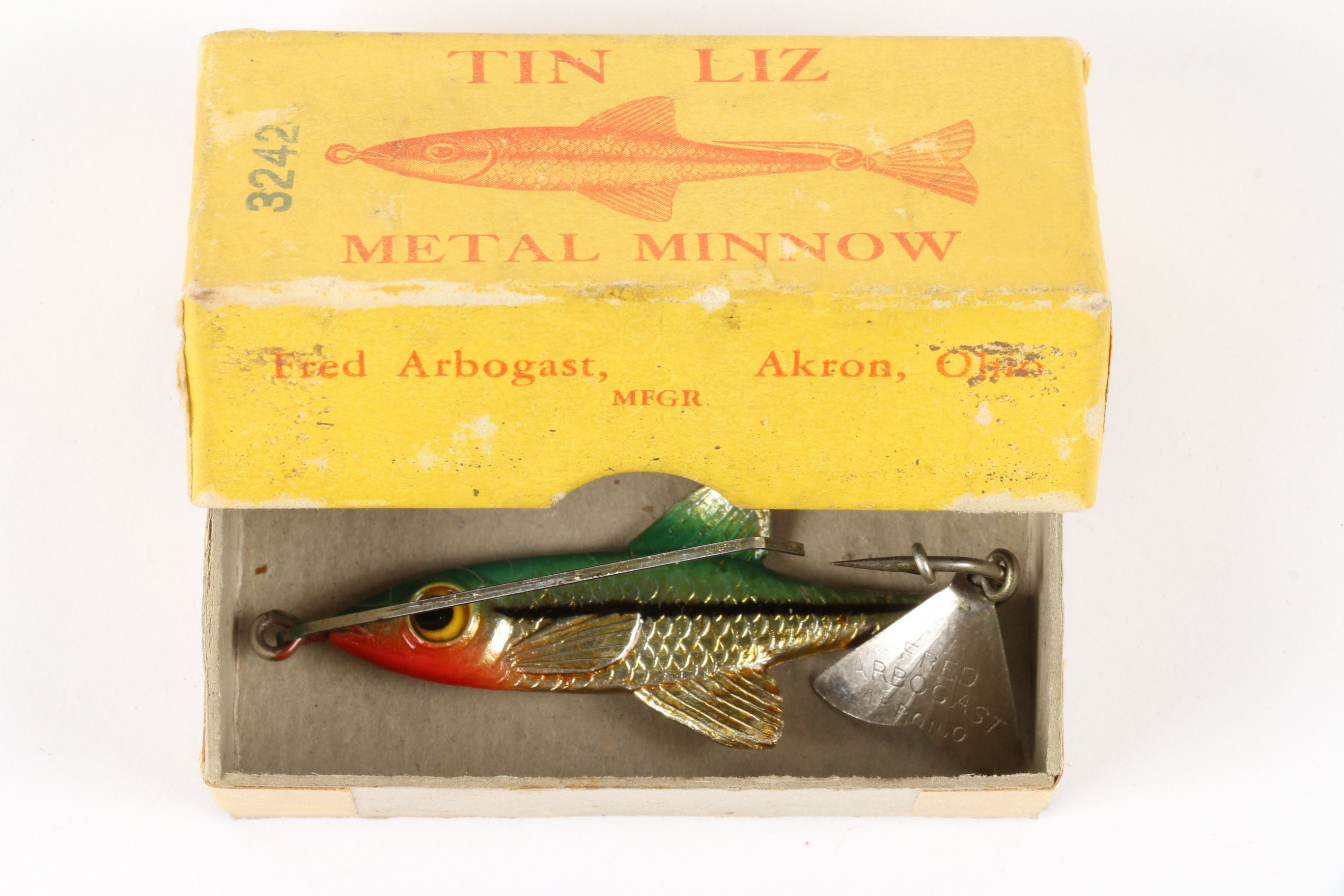 Arbogast Tin Liz Snake Lure – Comes in Northern Pike Finish w/Painted Eyes  – Finish is Excellent on Both Sides – Metal Tail Fin is signed