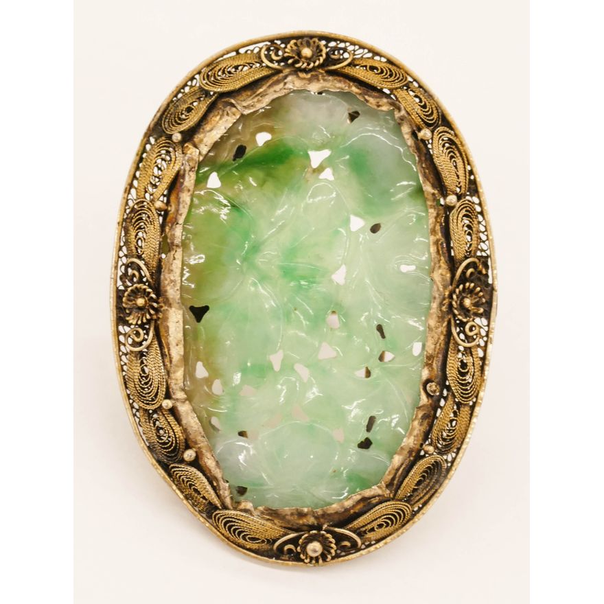 Old Chinese Pierced Jade Silver Large Ring Size 7