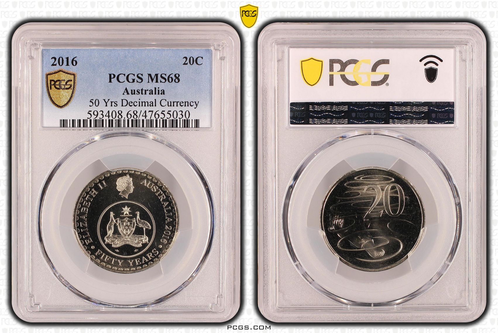97 · Elizabeth II, 50 Yrs Decimal Currency, Twenty Cent, 2016, PCGS MS68