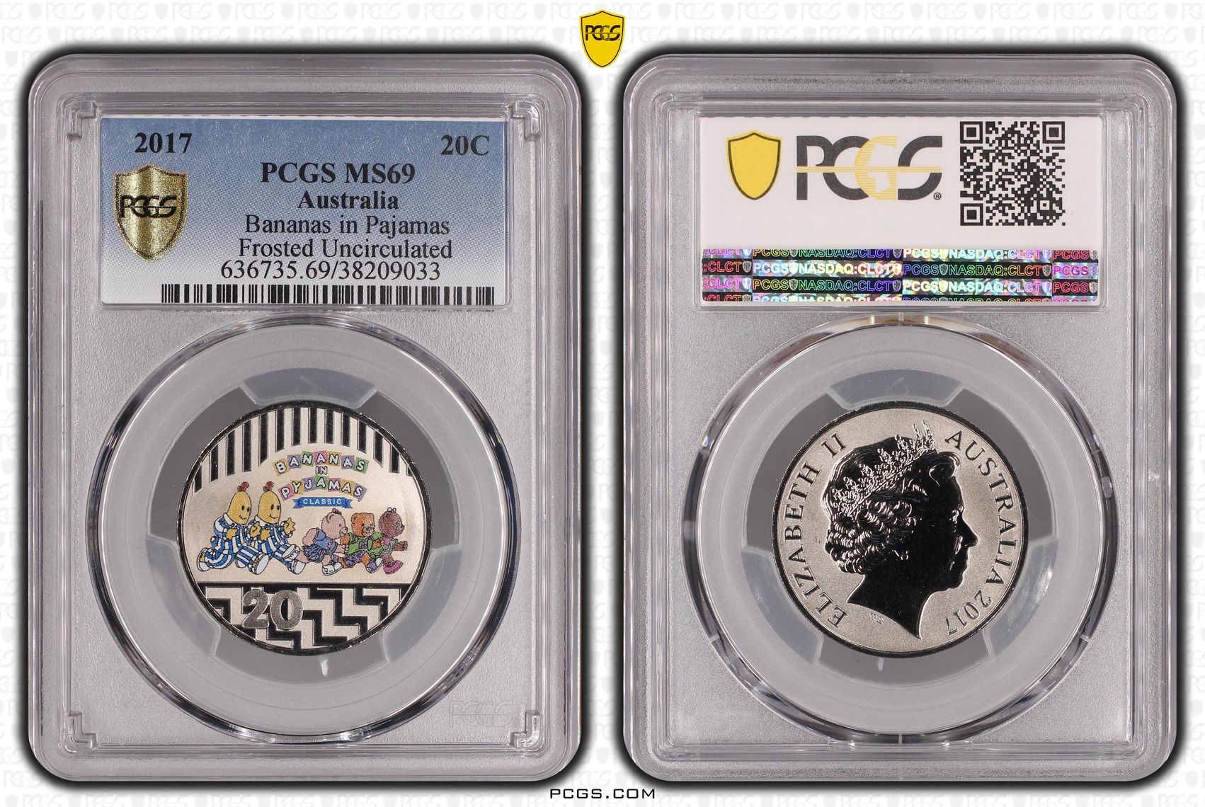 310 · Bananas in Pyjamas Colorized Frosted Uncirculated, Twenty Cent, 2017, PCGS MS69