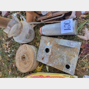 Asst older metal items, oil lamps, saw vice, pitcher