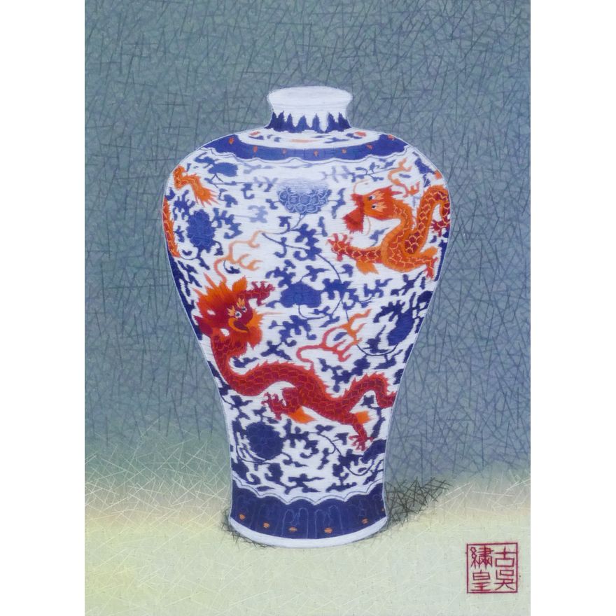 Chinese B&W Dragon Vase Embroidary Artwork Framed