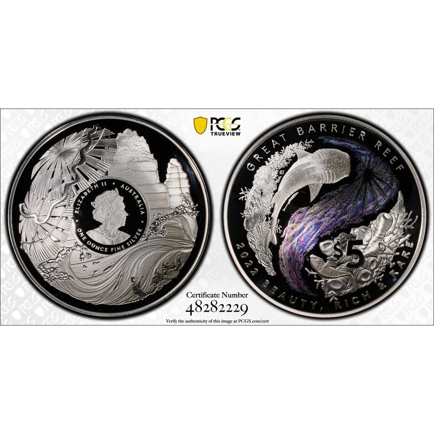 Great Barrier Reef Ag Colorized, Five Dollar, 2022, PCGS PR70DCAM