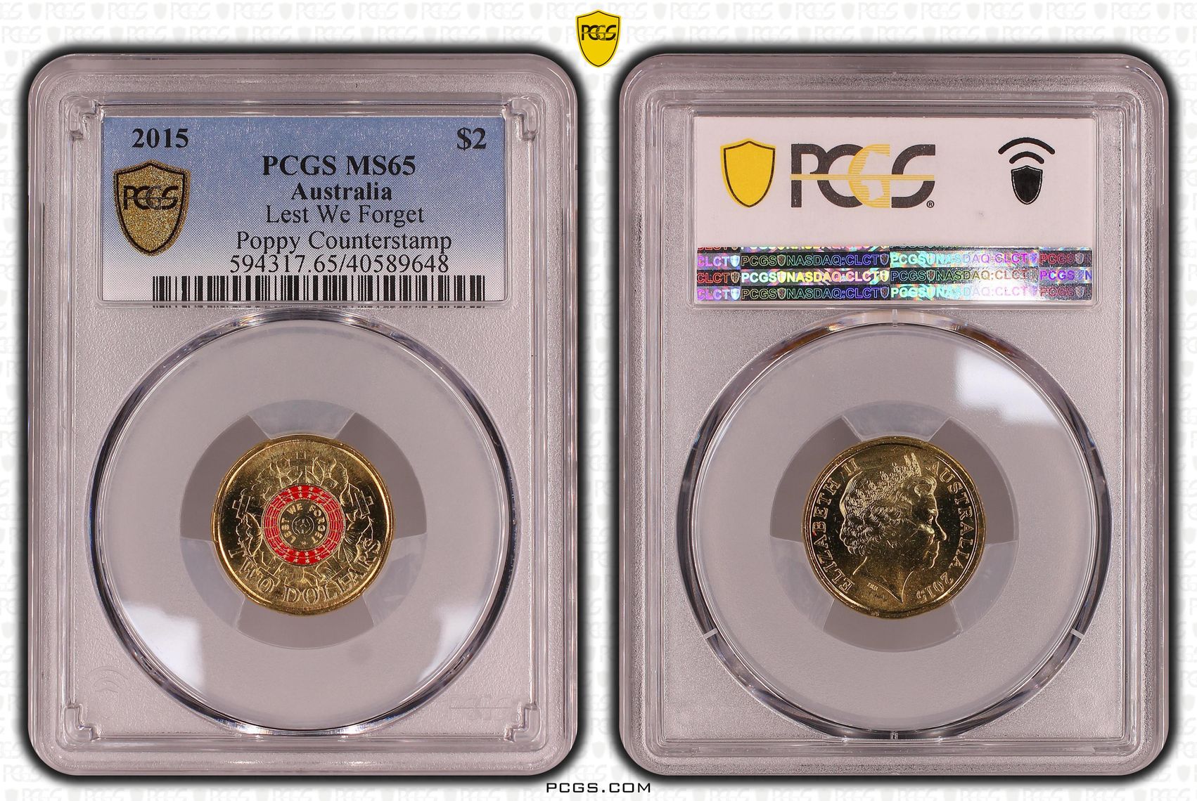 Lest We Forget Colorized Poppy counterstamp, Two Dollar, 2015, PCGS MS65