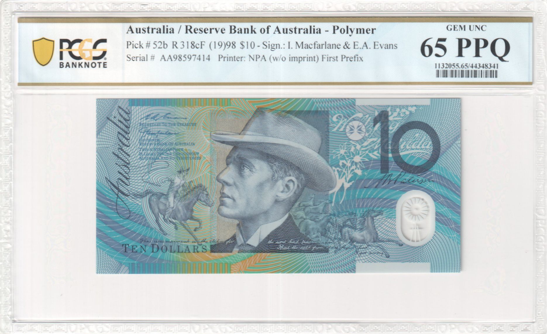1998 $10 Macfarlane/Evans Gem Unc 65 PPQ First Prefix
