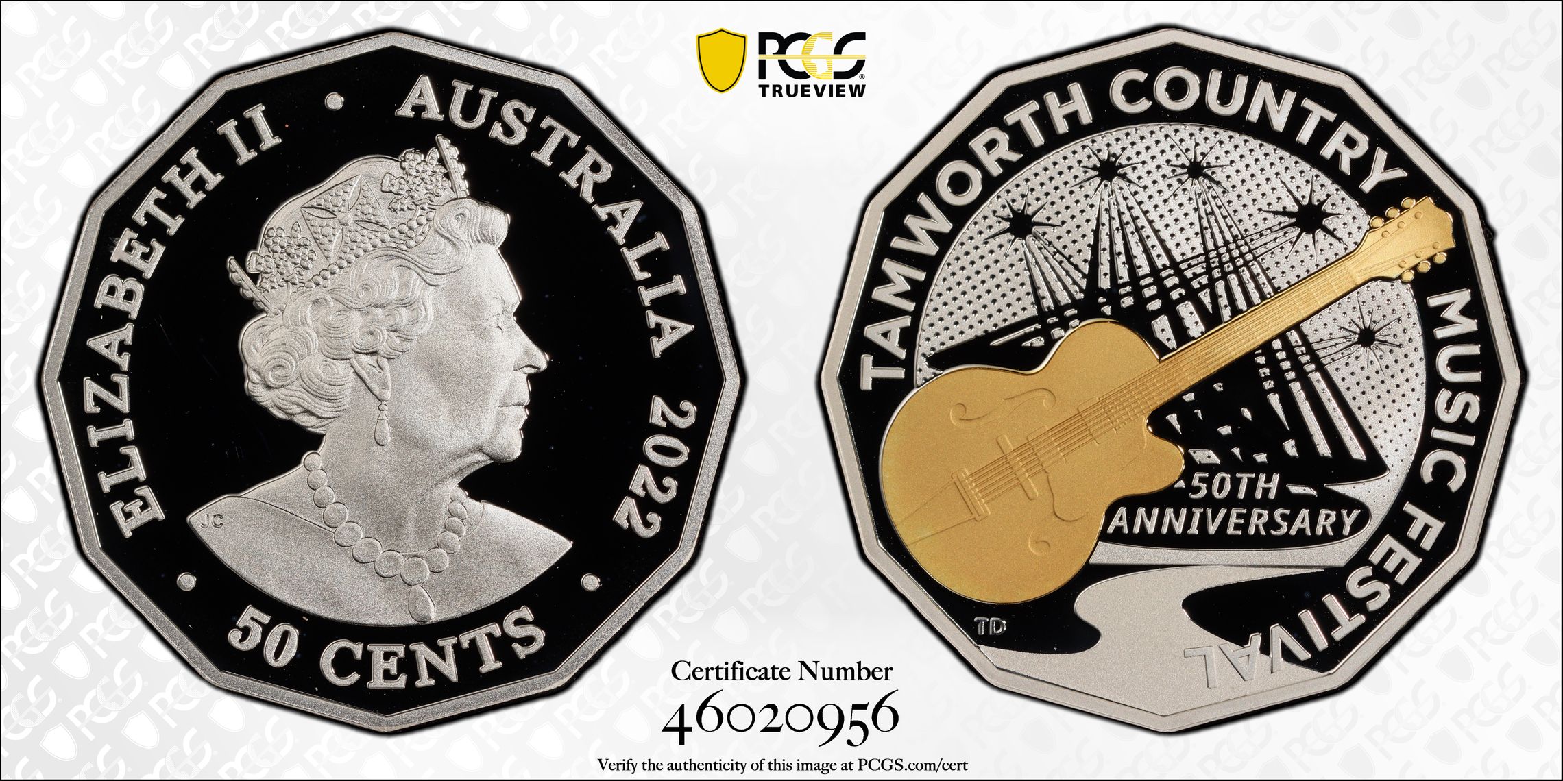 Tamworth Music Festival Partial Gilt, Fifty Cent, 2022, PCGS PR69DCAM