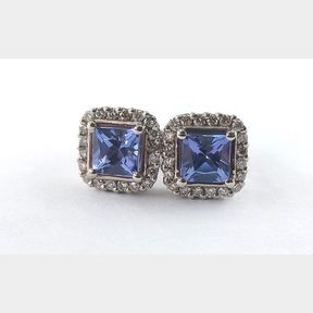 1.340cts Princess Cut Tanzanites + Diamonds In White Gold Earrings Colour Ij Clarity Si - 51533/19