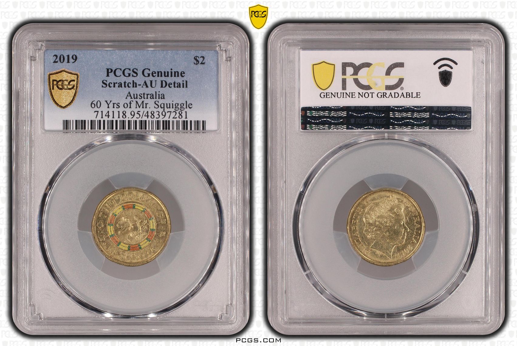 Elizabeth II, 60 Yrs of Mr. Squiggle - Bill Steamshovel Colorized, Two Dollar, 2019, PCGS Genuine - AU Details (95 - Scratch)