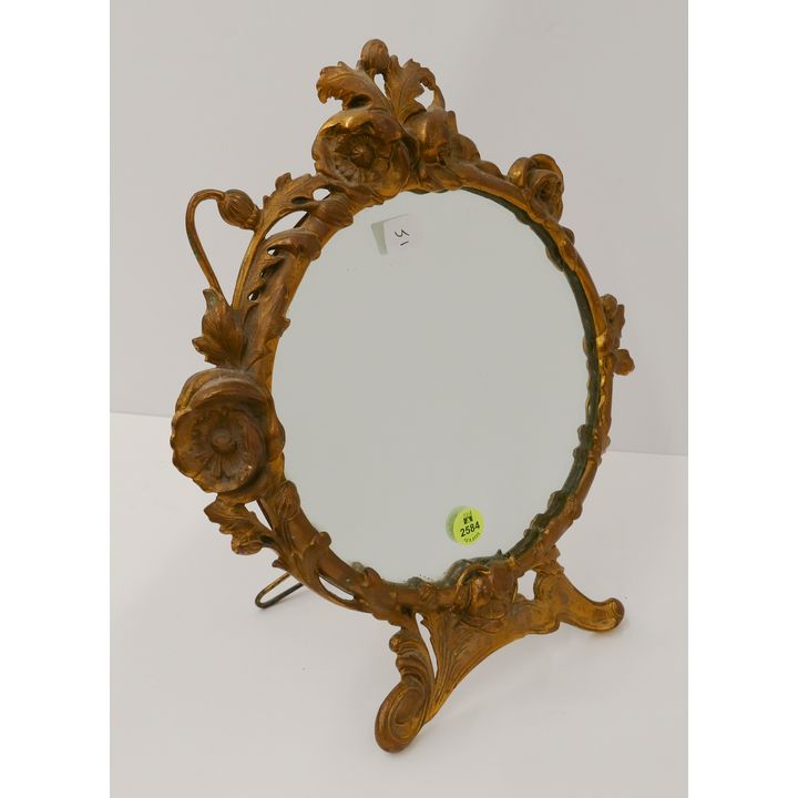 Antique Floral Gilt Iron Easel Back Table Mirror- 13x11''