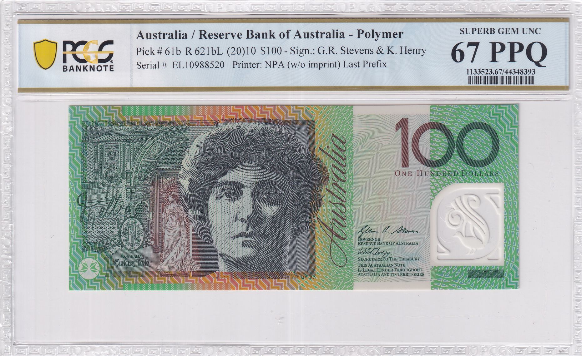 Stevens/Henry, Last Prefix, Hundred Dollar, 2010, PCGS Superb Gem UNC 67 PPQ
