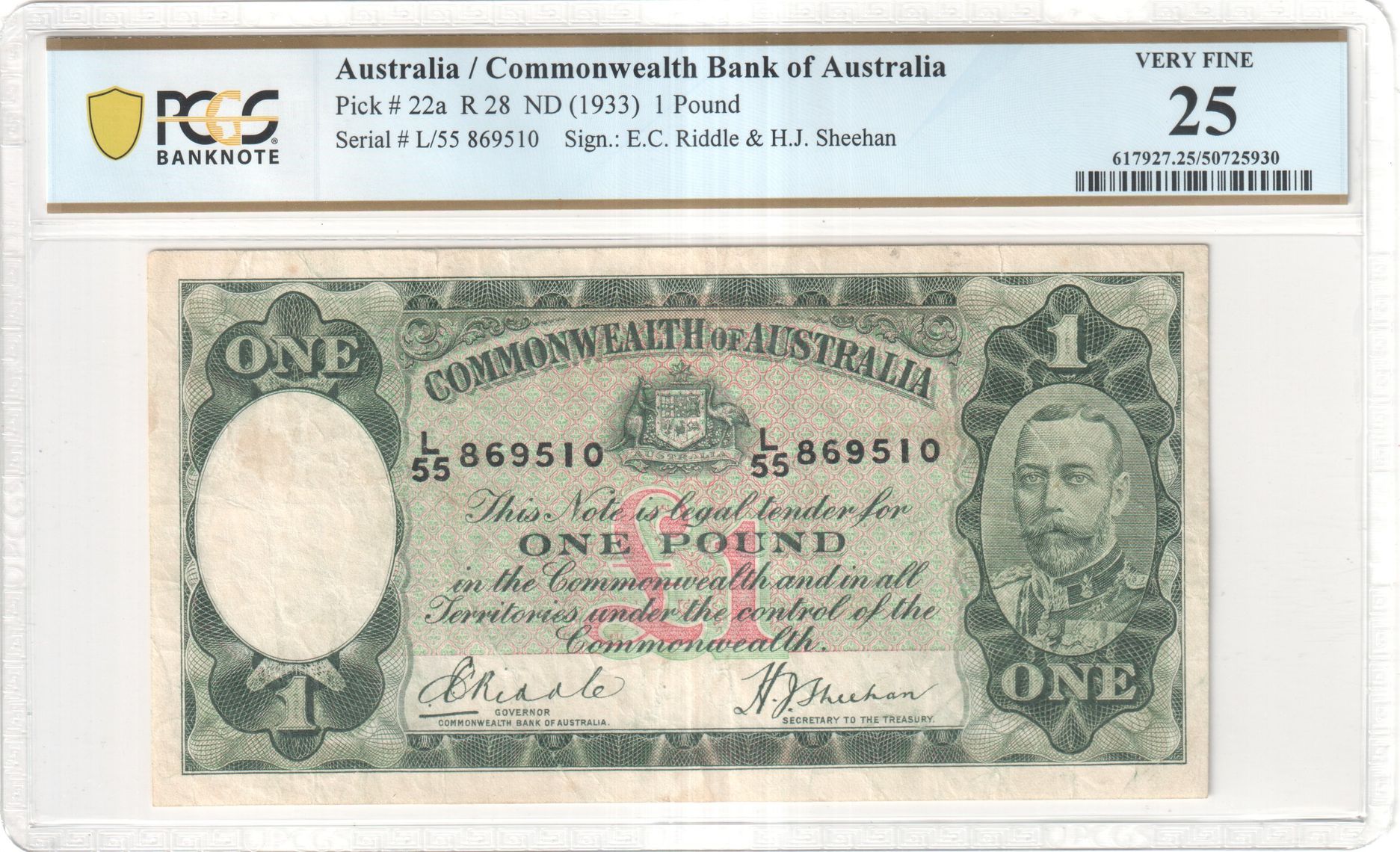 400 · One Pound, 1933, PCGS Very Fine 25