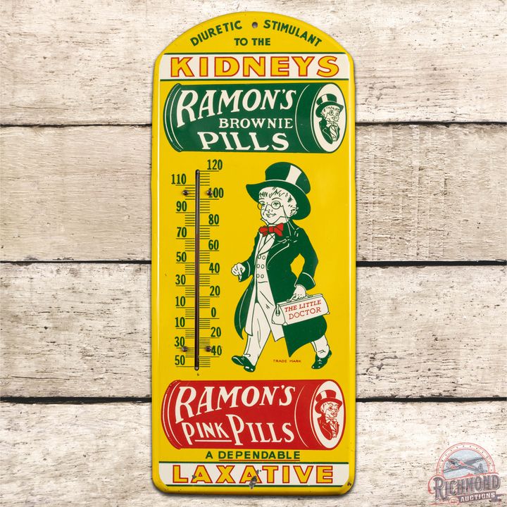 Ramon's Brownie Pink Pills "A Dependable Laxative" SS Tin Thermometer Sign