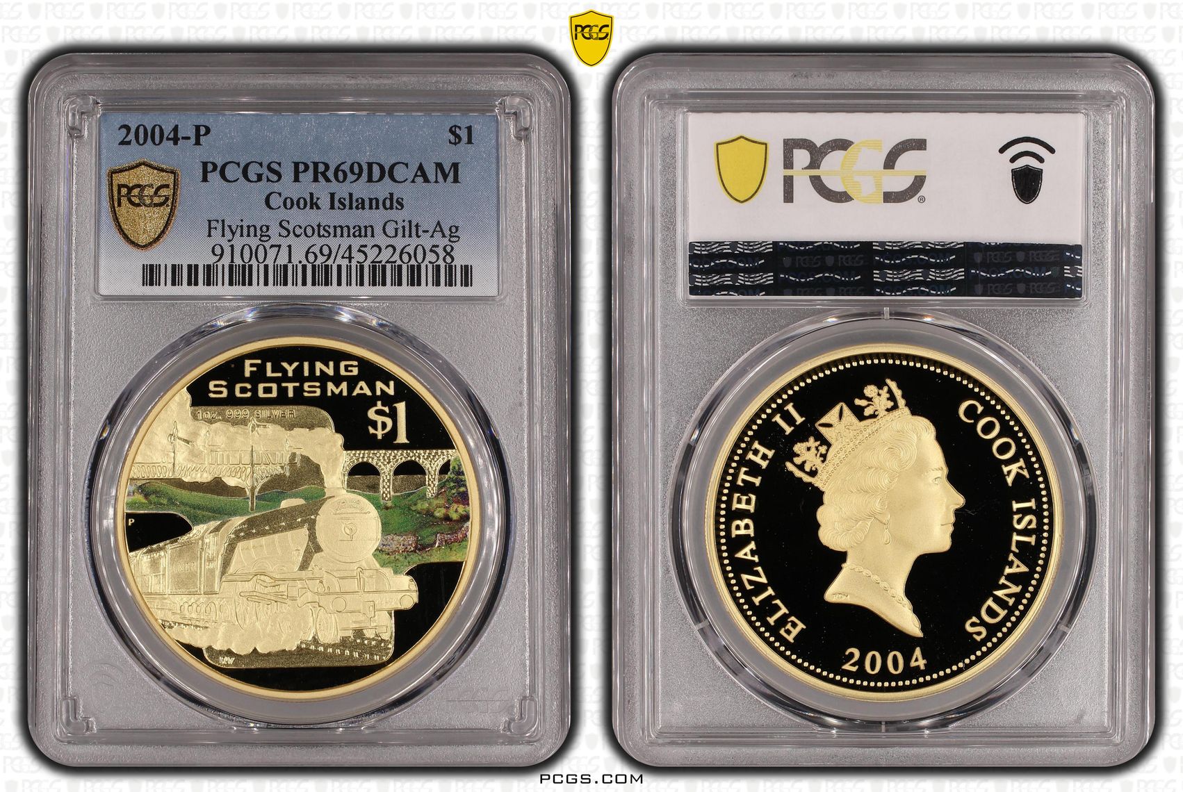 2004-P Cook Islands One Dollar, $1 Gilt Silver Proof Flying Scotsman Gilt-Ag PCGS - PR69DCAM POP 1/0 -058