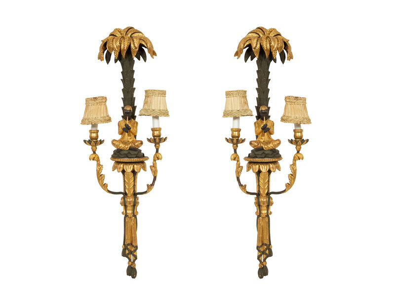 A Pair of Painted and Parcel Gilt Carved Wood Sconces