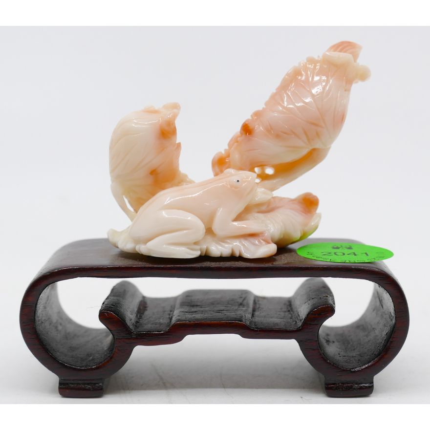 Chinese Pink Coral Carved Frog & Lotus 3''