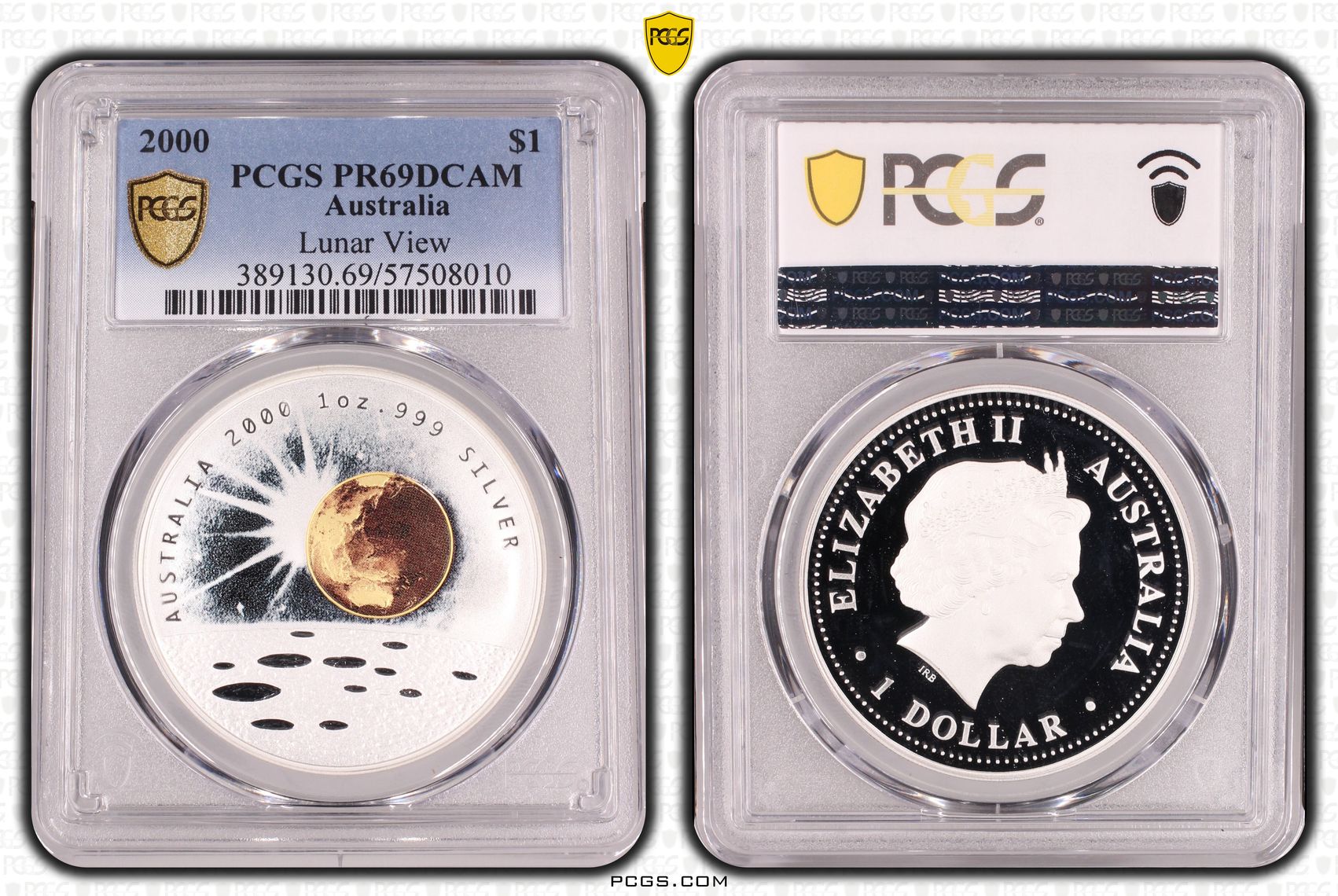 Elizabeth II, Lunar View KM-514 Colourised Silver, One Dollar, 2000, PCGS PR69DCAM