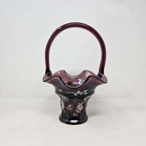 Vintage Frank Fenton Stretch Plum Glass Basket Signed Hand Painted by S Allman