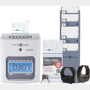 PYRAMID TIME SYSTEMS - MODEL 2500 AUTO ALIGNING AND TOP LOADING TIME CLOCK 2500K1 BUNDLE INCLUDES: TIME CLOCK, 100 TIME CARDS, 2 I