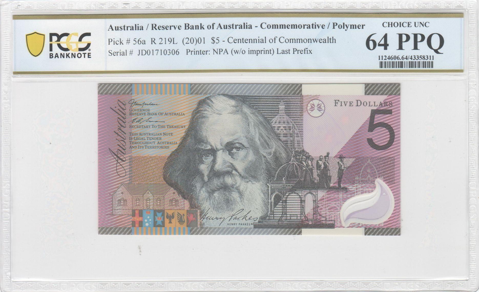 129 · RBA, NPA (w/o imprint), Centennial of Commonwealth, Last Prefix, Five Dollar, 2001, PCGS - Choice UNC 64 PPQ