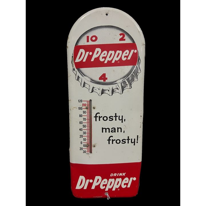 Dr. Pepper 10-2-4 Frosty Man Frosty Tin Metal Soda Thermometer