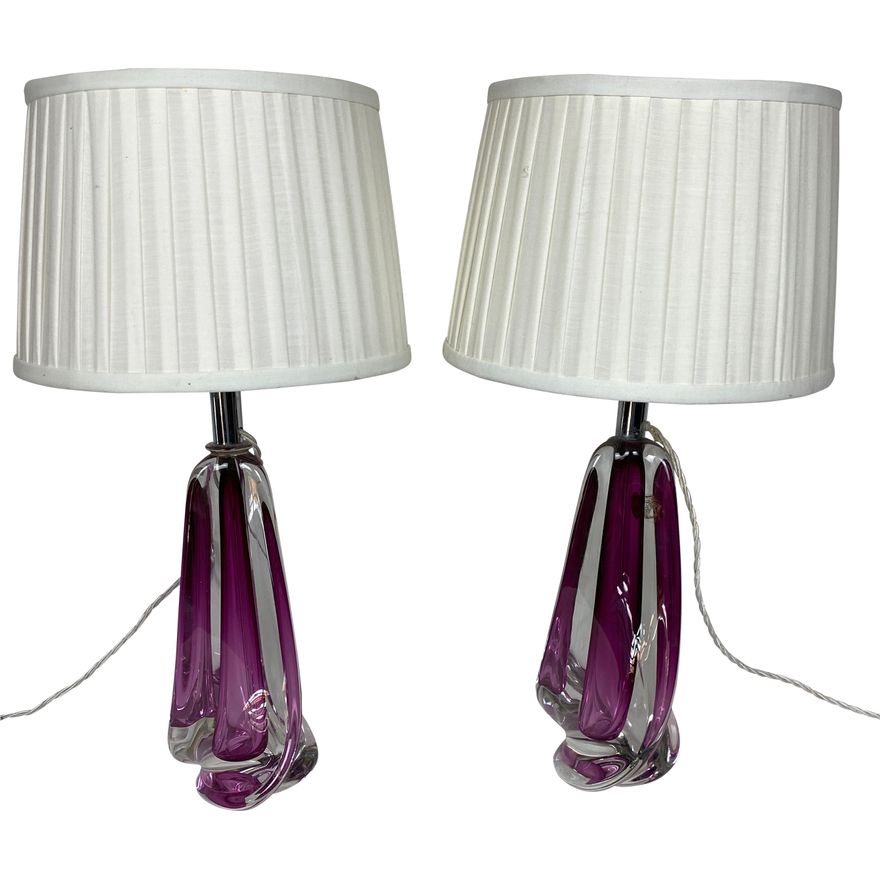 A pair of purple and white glass table lamps by Val St Lambert