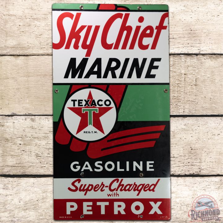 1955 22" Texaco Marine Gasoline w/ Petrox SSP Pump Plate Sign - 8.5