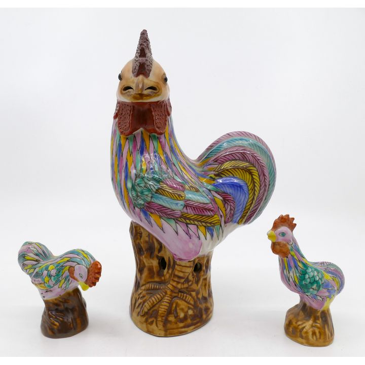 3pc Chinese Republic Rooster Export Figures 3'' to 8''
