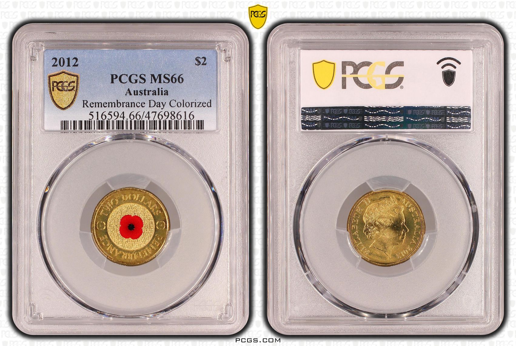 Elizabeth II, Remembrance Day Colored, Two Dollar, 2012, PCGS MS66