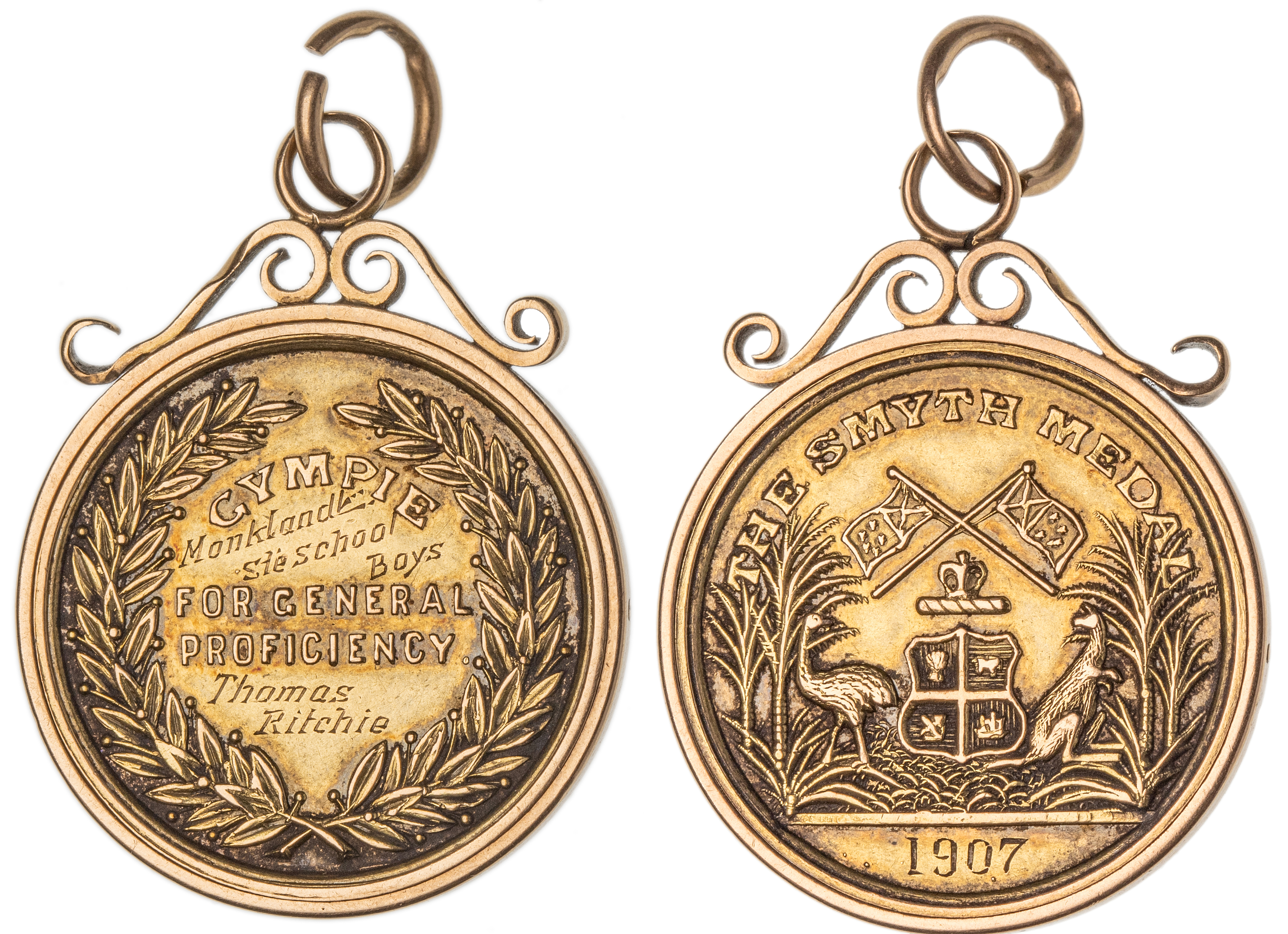 273 · Monkland State School, Gympie, Qld, Gold Award Fob Medal, 1907, aEF