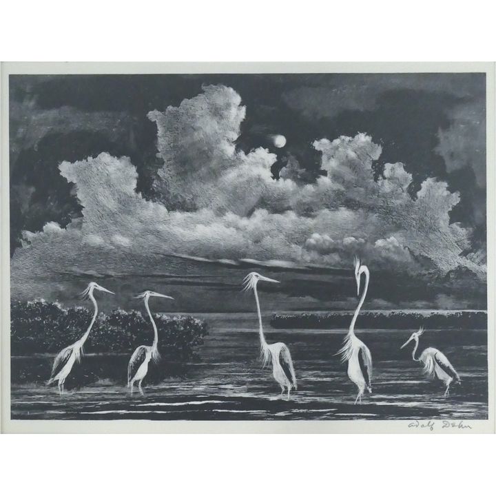 Adolf Dehn ''Quiet Waters'' (Cranes) Signed Lithograph Matted 16''x20'' - AAA print