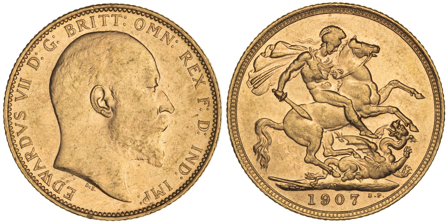 Edward VII, St George Reverse, Sovereign, 1907-M, UNC