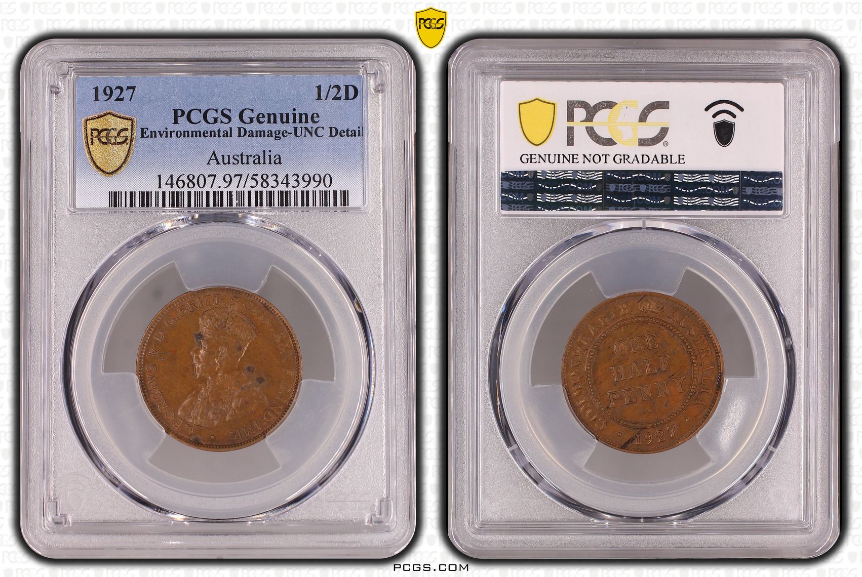 George V, Halfpenny, 1927, PCGS Genuine - UNC Details (97 - Environmental Damage)