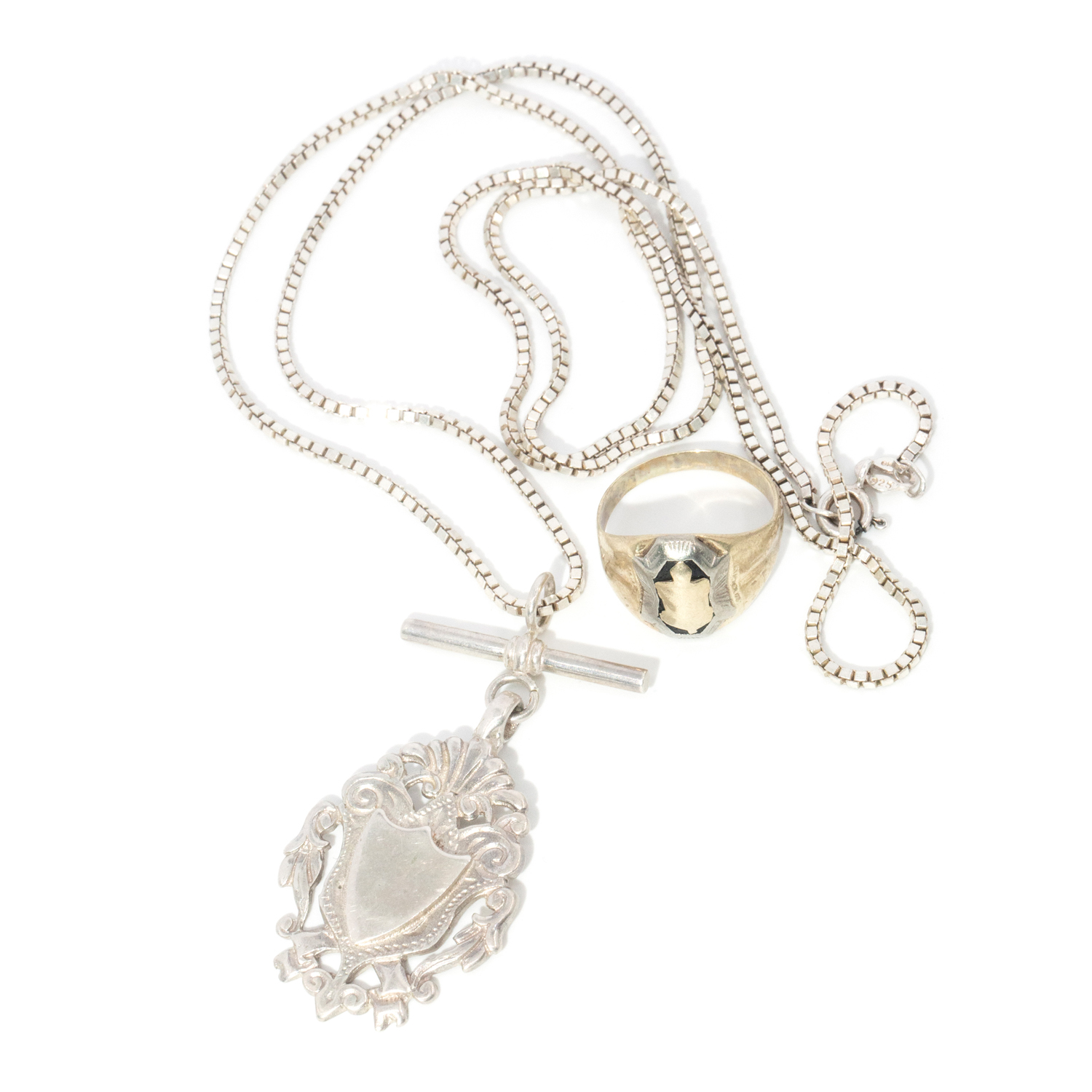 10ct Gold Onyx Ring and Sterling Silver Shield and Chain