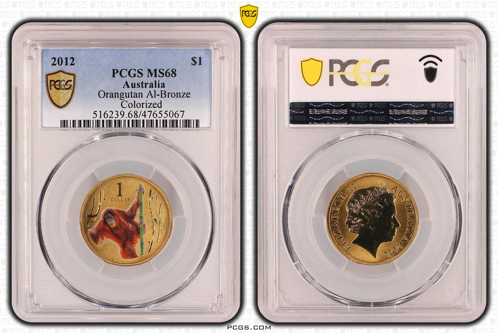 Elizabeth II, Orangutan Al-Bronze, One Dollar, 2012, PCGS MS68